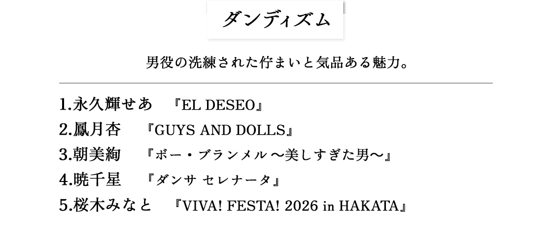 ダンディズム　男役の洗練された佇まいと気品ある魅力。1.永久輝せあ 『EL DESEO』2.鳳月杏 『GUYS AND DOLLS』3.朝美絢 『ボー・ブランメル～美しすぎた男～』4.暁千星 『ダンサ セレナータ』5.桜木みなと 『VIVA! FESTA! 2026 in HAKATA』
