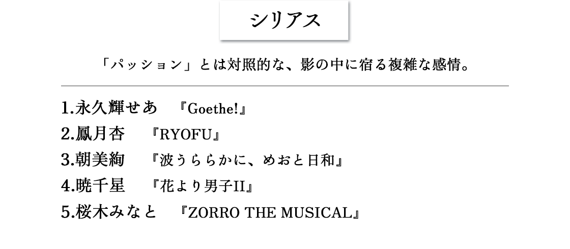 シリアス　「パッション」とは対照的な、影の中に宿る複雑な感情。1.永久輝せあ 『Goethe!』2.鳳月杏 『RYOFU』3.朝美絢 『波うららかに、めおと日和』4.暁千星 『花より男子II』5.桜木みなと 『ZORRO THE MUSICAL』